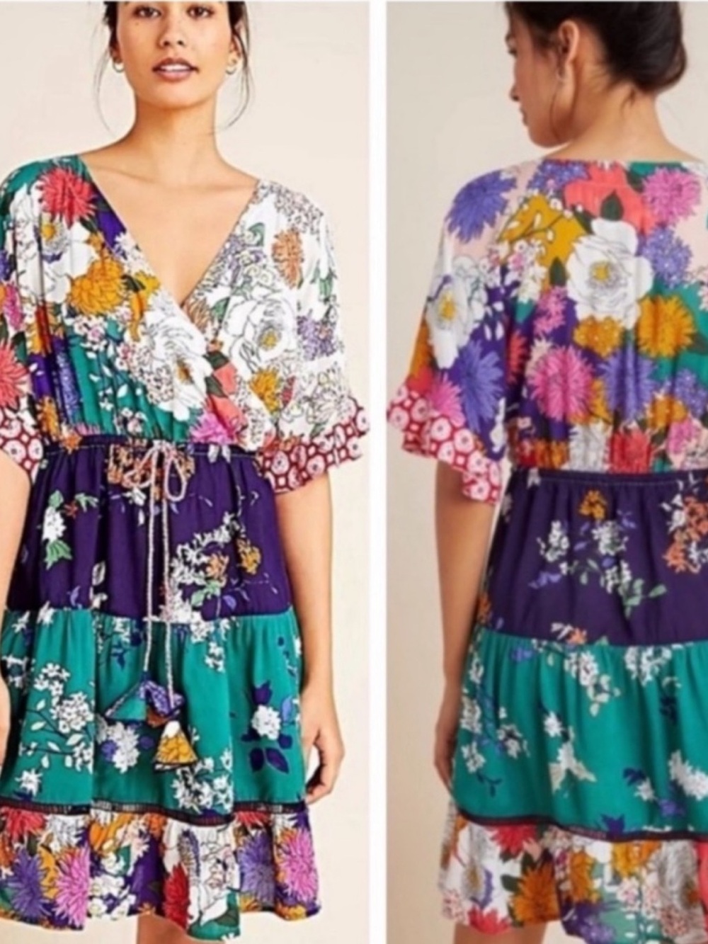 Anthropologie Nettie Tiered Floral Patchwork Mini Dress Women's X Small